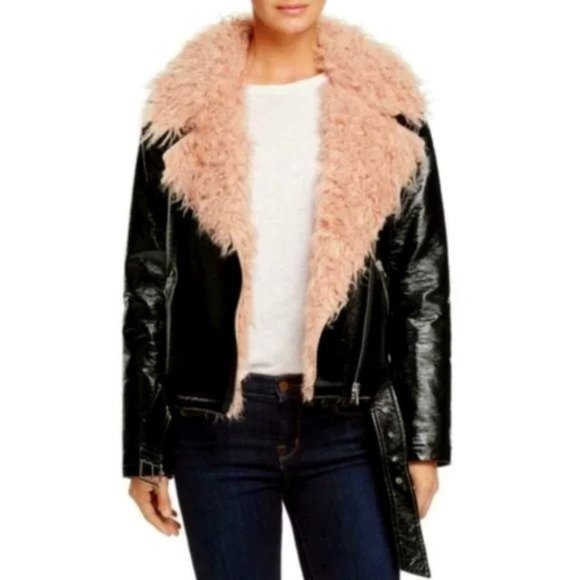 💥STUNNING!💥Pink Faux Mongolian Fur Collar & Lining Glossy Leather Moto Jacket - Picture 15 of 16